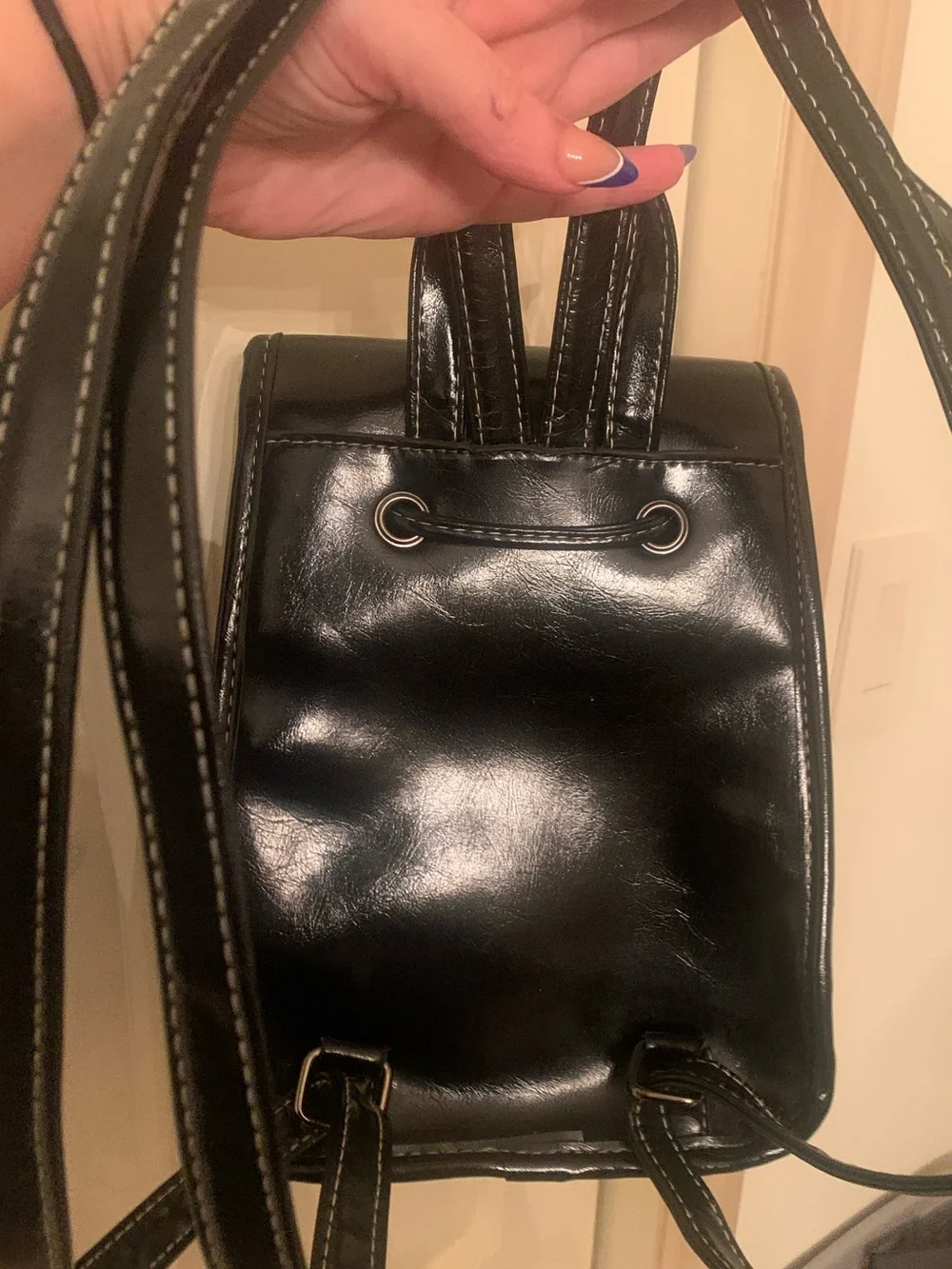 Black Faux Leather Drawstring Backpack - Unbranded